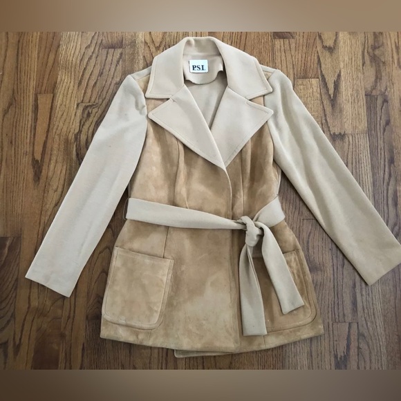 PSI Vintage Tan Suede Belted Women’s Wrap Nehru Jacket Coat 1970s Women’s S / M - Picture 9 of 11